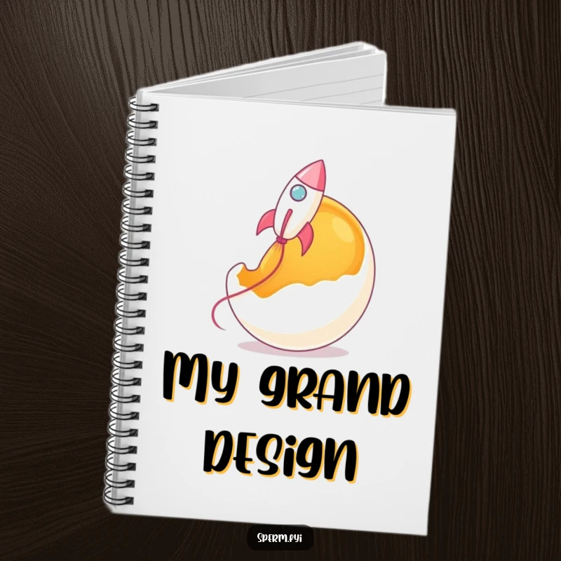 Funny rocket sperm notebook, sperm shaped like a rocket launching from an egg yolk.
