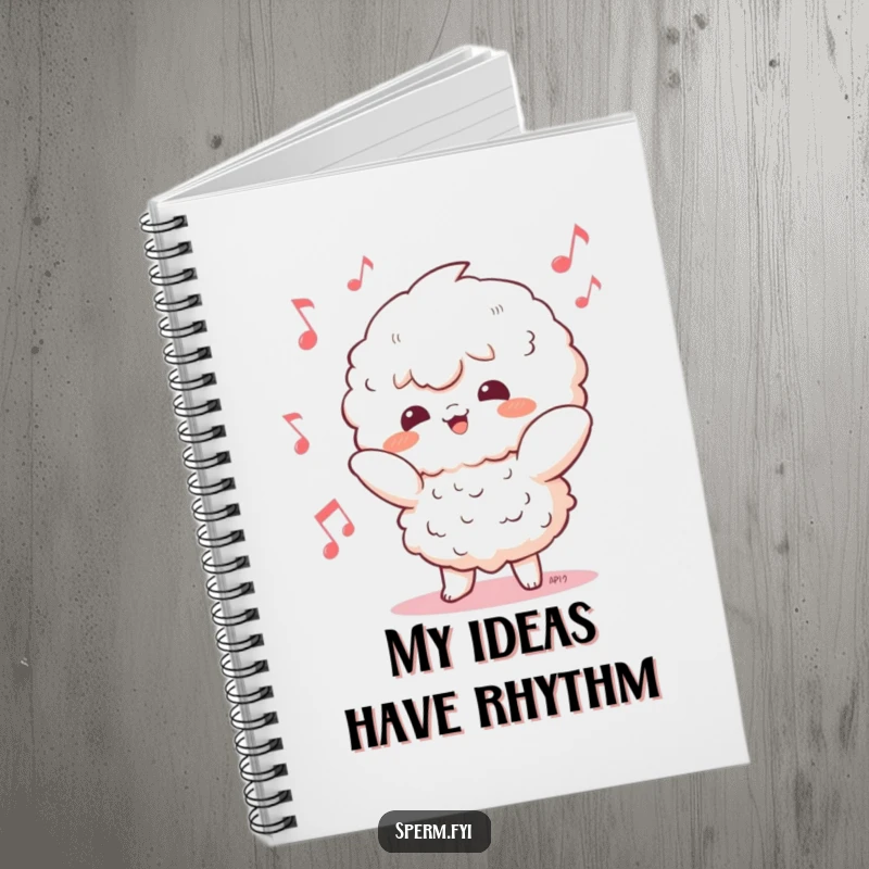 Funny Kawaii character notebook cover featuring a lively dancer amidst musical notes, perfect for creative writing and ideas.