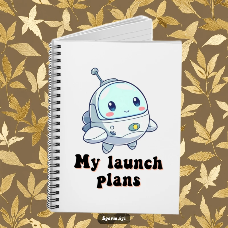 Funny notebook featuring a bouncing little spaceship character with a determined look, perfect for jotting down mission plans.