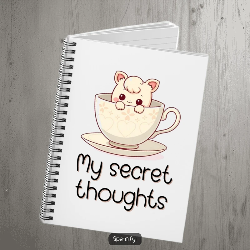 Funny curious character peeking out from inside a giant teacup, on a charming notebook cover.