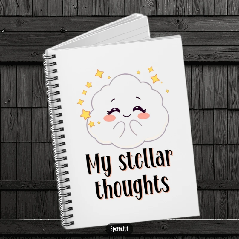 Funny notebook cover with a giggling galaxy cloud character blowing starry bubbles, ideal for jotting down creative and whimsical ideas.