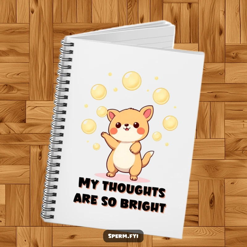 Funny Kawaii animal notebook cover depicting a dexterous juggler balancing luminous orbs, ideal for capturing creative ideas.