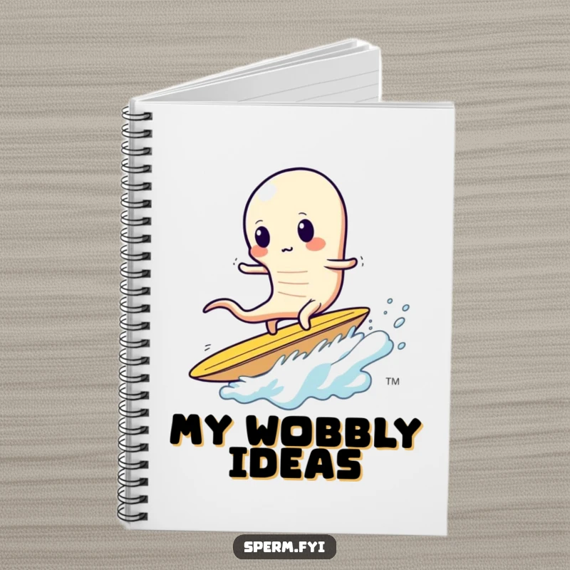 Funny sperm notebook, a sperm wobbly while surfing a giant potato chip, snack themed.