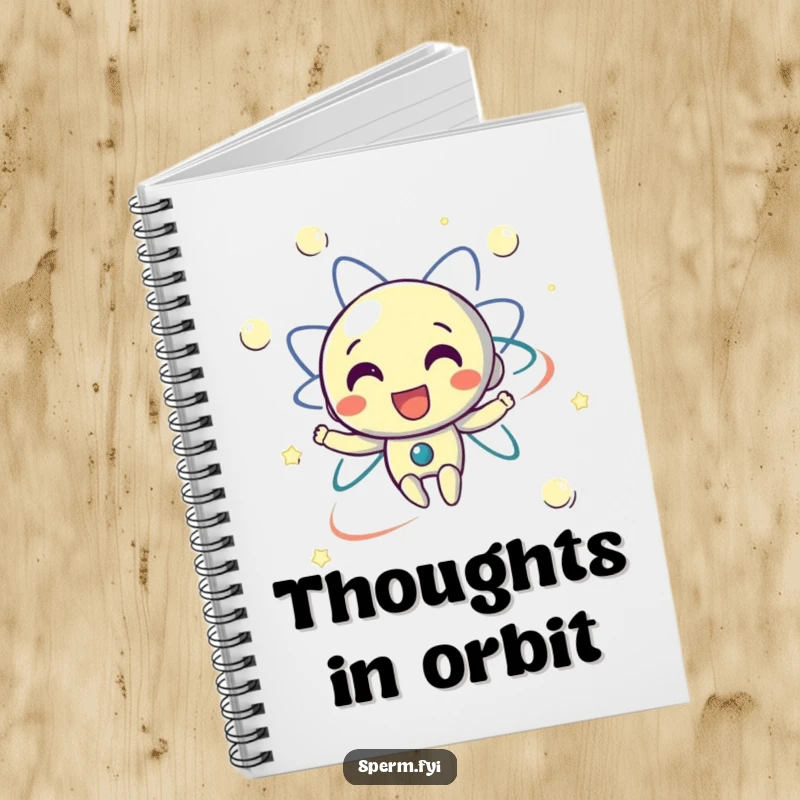 Funny notebook with a delighted electron character happily orbiting, perfect for jotting down scientific ideas and humorous observations.