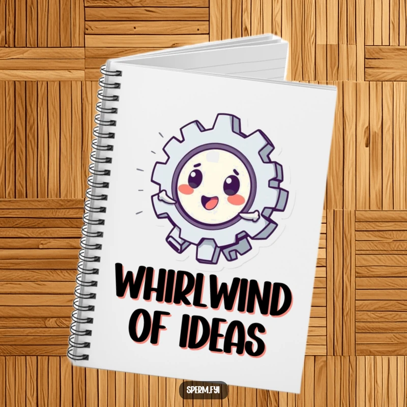 Funny notebook with a playful gear character spinning, designed to inspire creative and humorous writing.