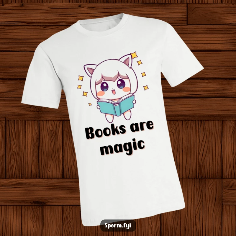 Funny surprised character with stars around its head, looking at a floating book, on a t-shirt.