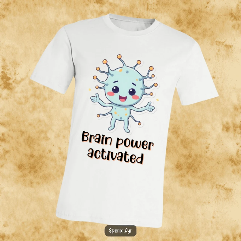 Funny t-shirt with a happy neuron character enthusiastically sending signals, symbolizing intelligence and connectivity.