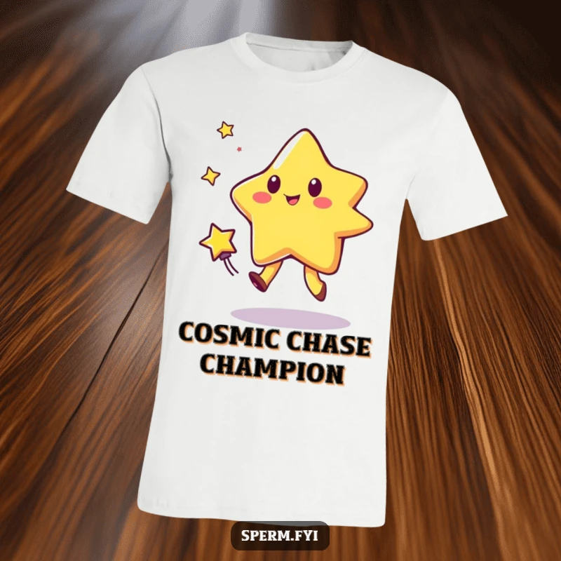 Funny t-shirt depicting a bouncing star character in energetic pursuit of a comet, showcasing a dynamic and funny space chase.