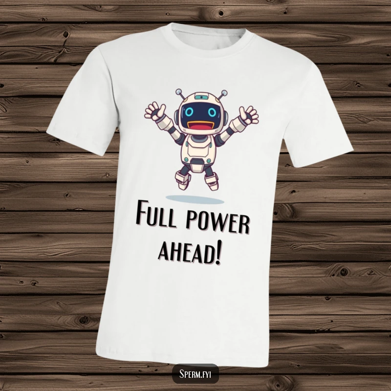 Funny robot t-shirt of an excited character mid-leap, arms outstretched, radiating enthusiastic energy.