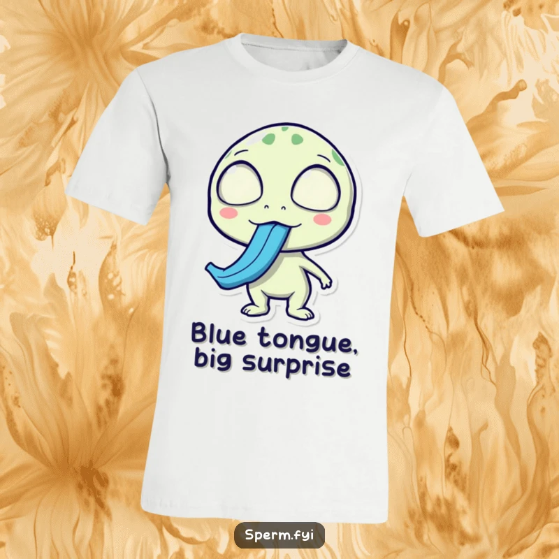 Funny alien t-shirt, surprised face, sticking out a long blue tongue, ideal for expressing shock humor.