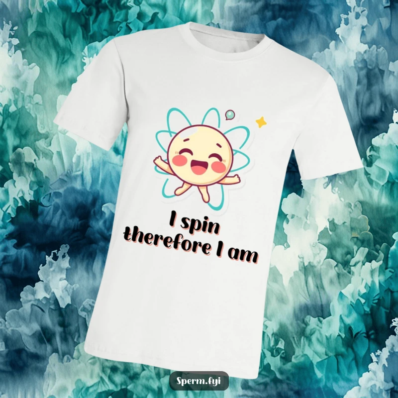 Funny t-shirt with a joyful little atom character happily spinning, showcasing atomic energy and positive motion.