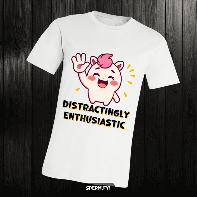 Funny T-Shirt: A cheerful character performing a dramatically exaggerated wave, conveying extreme friendliness and silliness.
