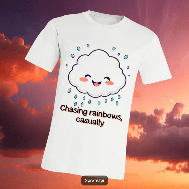 Funny t-shirt graphic of a giggling cloud character cheerfully sprinkling joyful raindrops, spreading happiness.