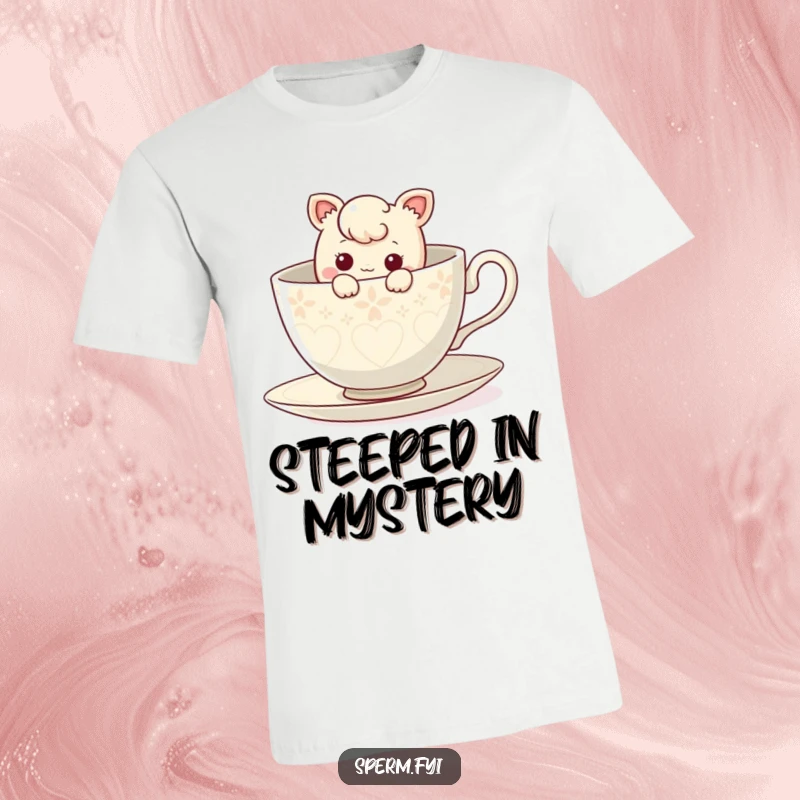 Funny curious character peeking out from inside a giant teacup, featured on a playful t-shirt.