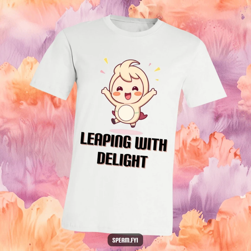 Funny T-Shirt: A joyful character performing a light, celebratory hop, conveying pure happiness and excitement.