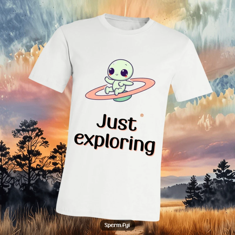 Funny Kawaii alien joyfully zipping around a spinning planet, designed for maximum charm and humor on this comfortable tee.