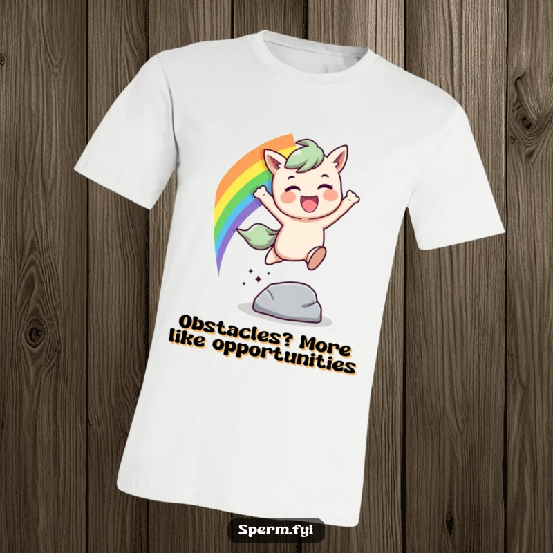 Funny rainbow leap t-shirt, a character energetically leaping over an obstacle with a vibrant rainbow trail behind.