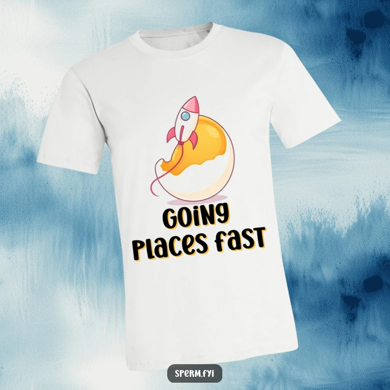 Funny rocket sperm t-shirt, depicted as a rocket launching from a giant egg yolk, bold humor.
