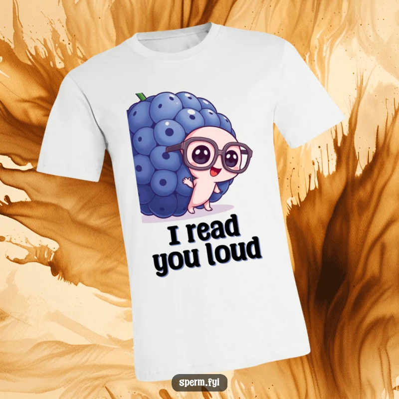 Funny sperm t-shirt, wearing giant glasses, peeking from behind a colossal blueberry, curious.