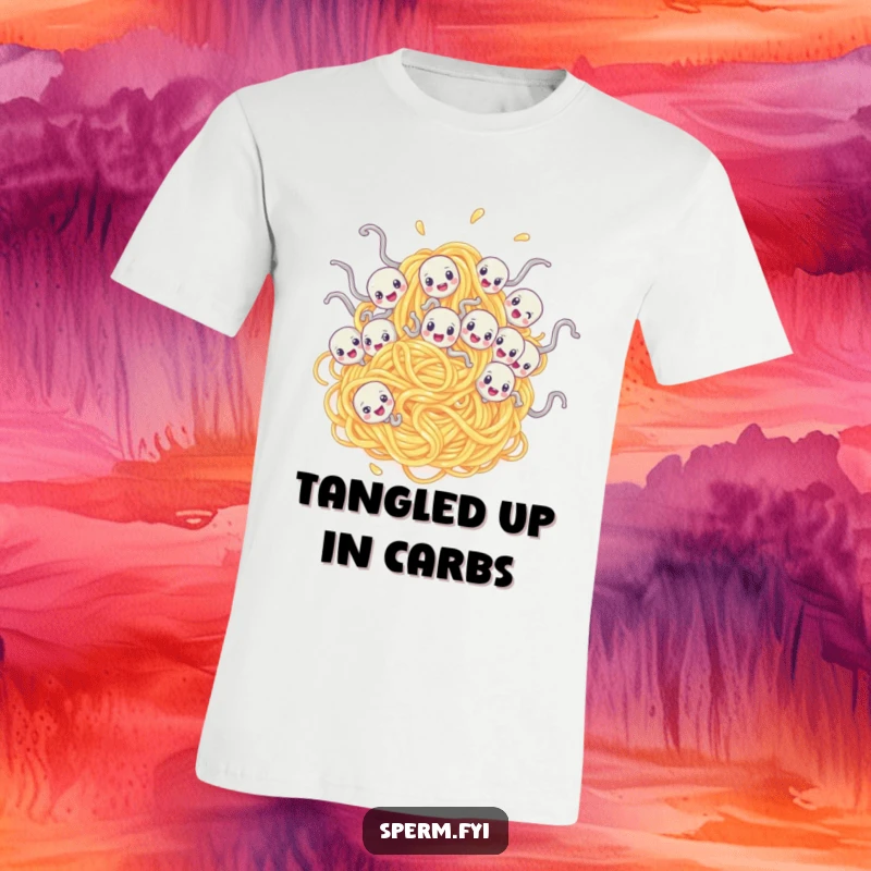 Funny t-shirt depicting sperm characters comically entangled in a massive spaghetti noodle, showcasing absurd humor.