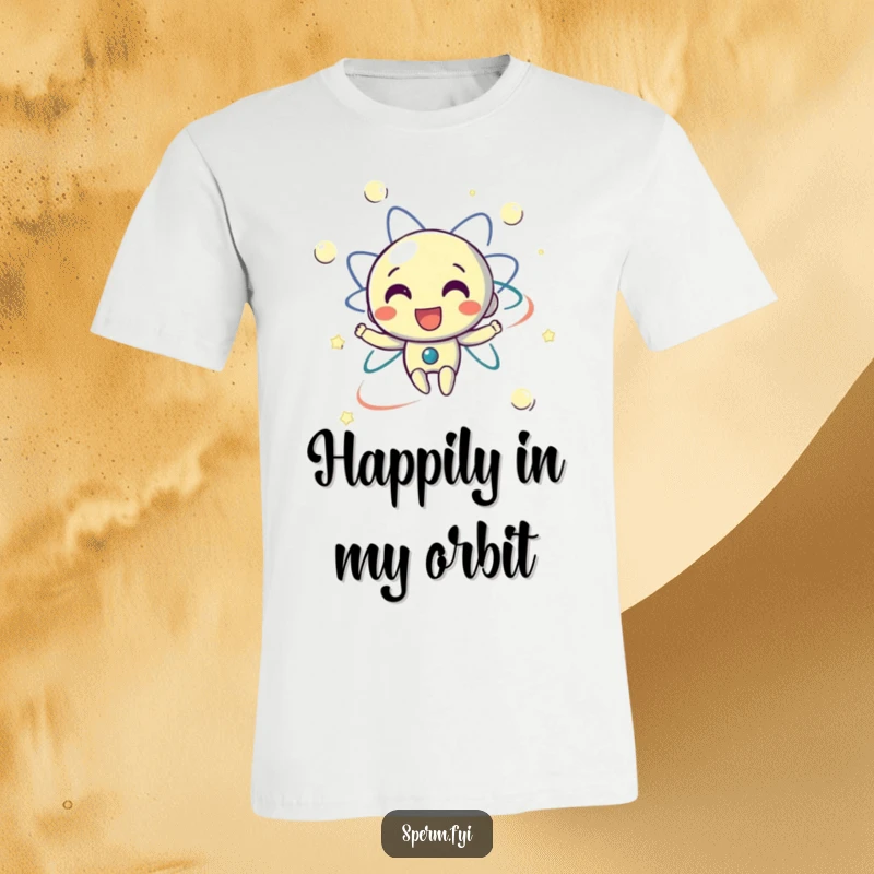 Funny t-shirt with a delighted electron character joyfully orbiting, symbolizing excitement and scientific exploration.