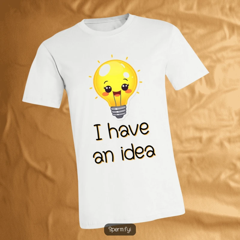 Funny cheerful lightbulb character with a big smile and a bright glow on a t-shirt.