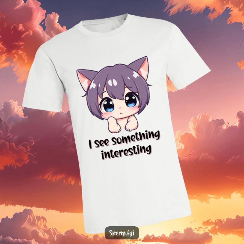 Funny curious character peering intently off-screen on a t-shirt, representing inquisitiveness and playful observation.