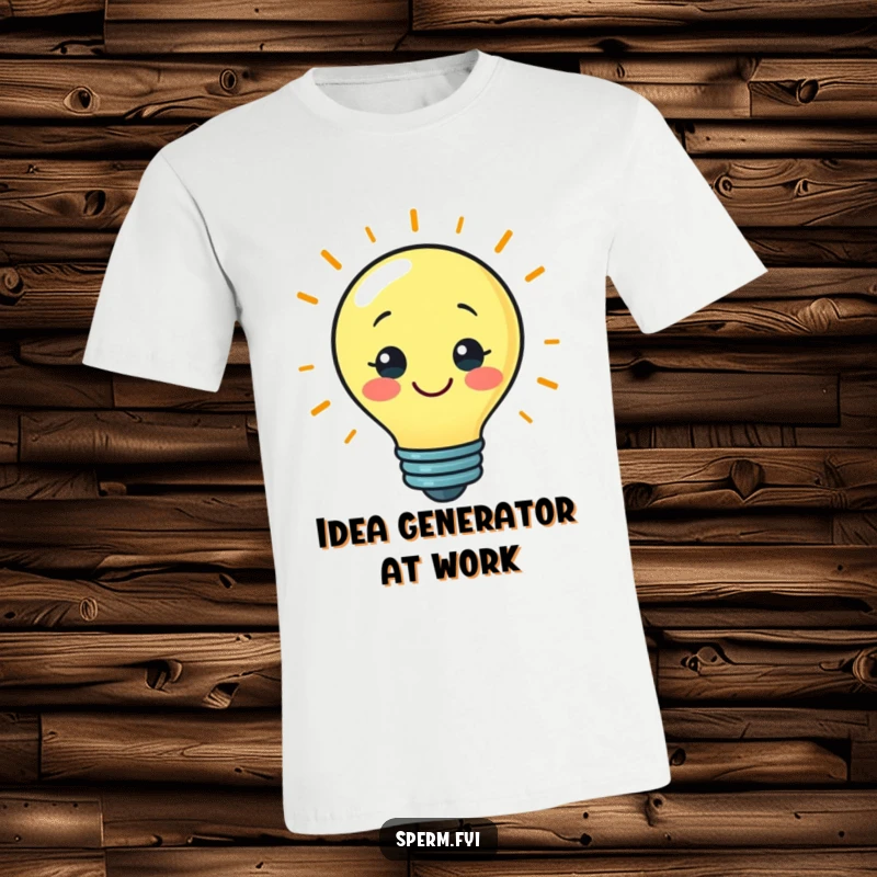 Funny t-shirt design of a smiling lightbulb character bursting with a bright idea, ideal for intellectuals.