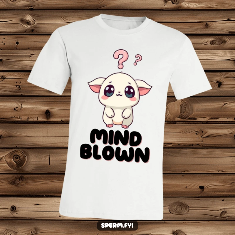 Funny Kawaii Creature T-Shirt: A Kawaii creature looks surprised with wide eyes at a floating question mark, a funny symbol of inquiry.