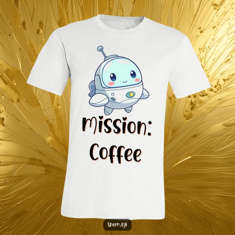 Funny t-shirt with a bouncing little spaceship character sporting a determined look, ready to conquer the galaxy.