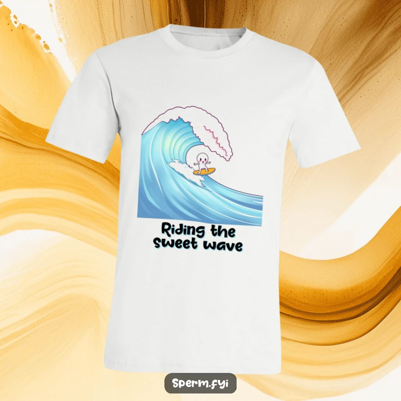 Funny t-shirt showing a sperm character attempting to surf on a massive gummy bear wave, celebrating sweet and absurd challenges.
