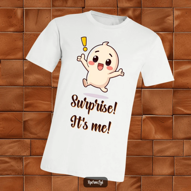 Funny kawaii exclamation point character leaping with surprise and wide eyes on a t-shirt.