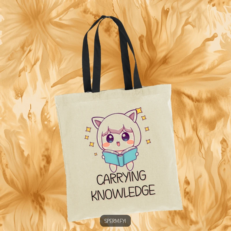 Funny surprised character with stars around its head, looking at a floating book, on a whimsical tote bag.