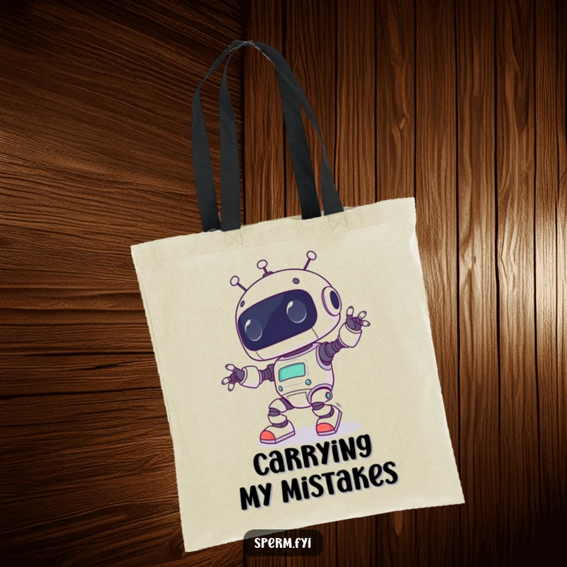 Funny Kawaii robot comically tripping, depicted on a durable tote bag, perfect for humorous shopping trips and daily use.