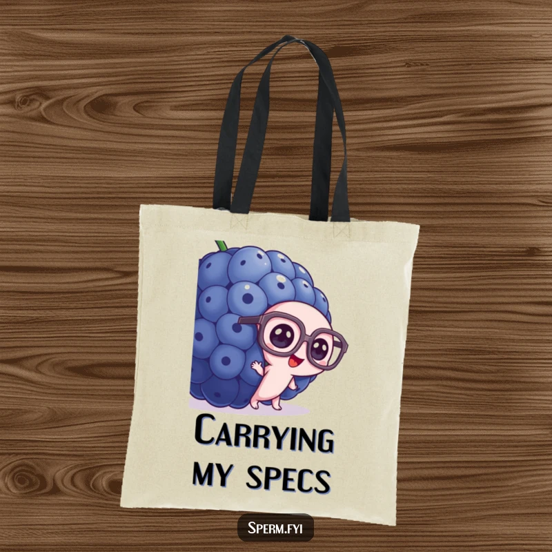 Funny sperm tote bag, wearing oversized glasses, peeking from behind a giant blueberry, curious.