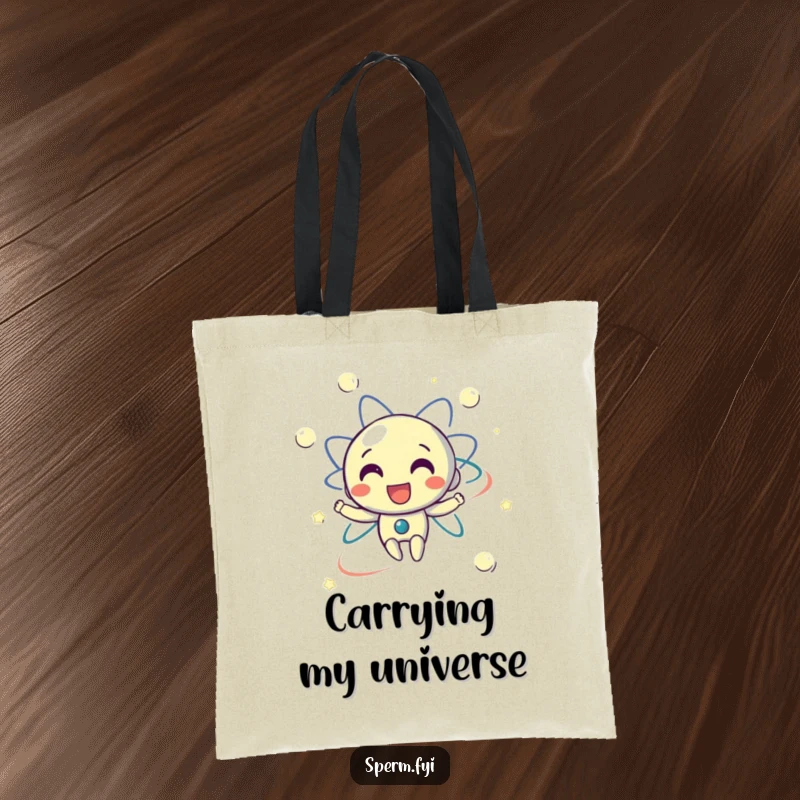 Funny tote bag with a delighted electron character happily orbiting, perfect for carrying items with scientific charm.