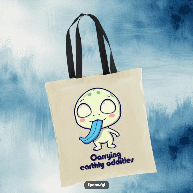 Funny alien tote bag, surprised face, sticking out a long blue tongue, great for carrying quirky items.