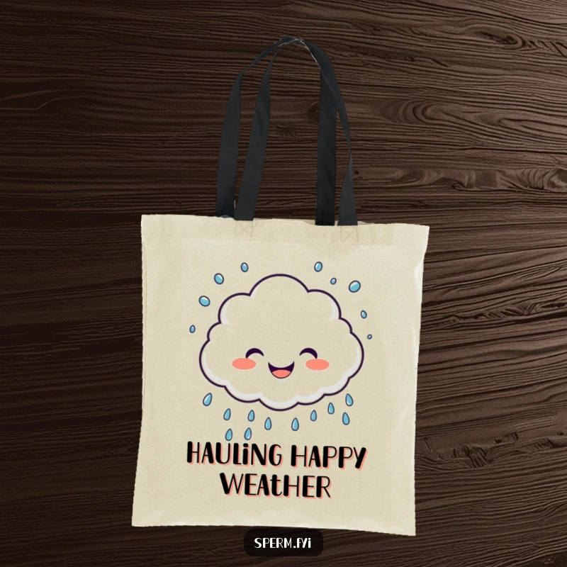 Funny tote bag adorned with a giggling cloud character sprinkling joyful raindrops, perfect for humorous everyday use.