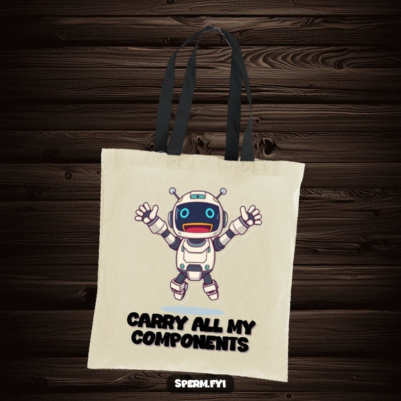 Funny robot tote bag showing an excited character leaping enthusiastically, arms outstretched in a joyful pose.