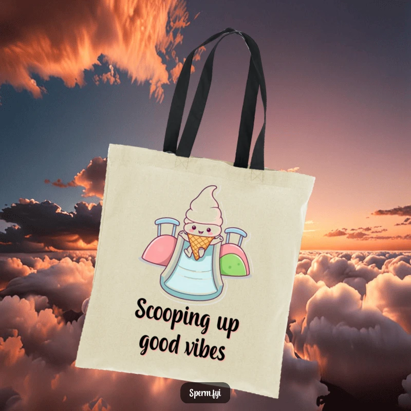 Funny Kawaii ice cream cone tote bag showing a happy character sliding down a colorful slide, perfect for daily errands.