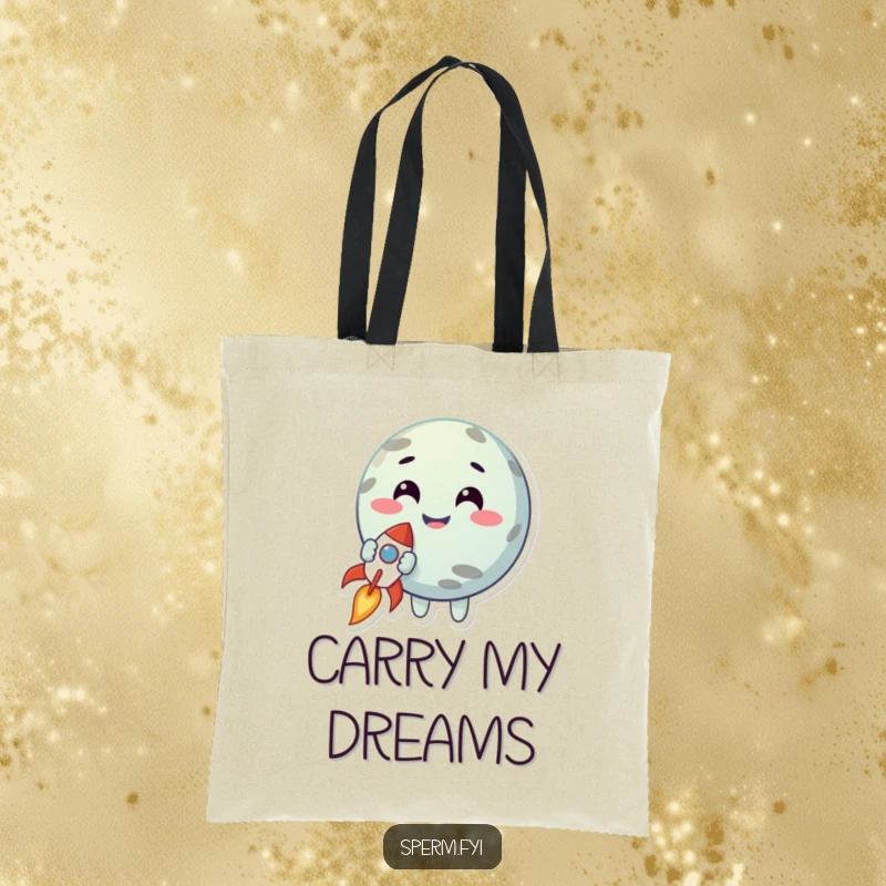 Funny tote bag showcasing a smiling planet character holding a tiny rocket, ideal for carrying essentials and dreams.