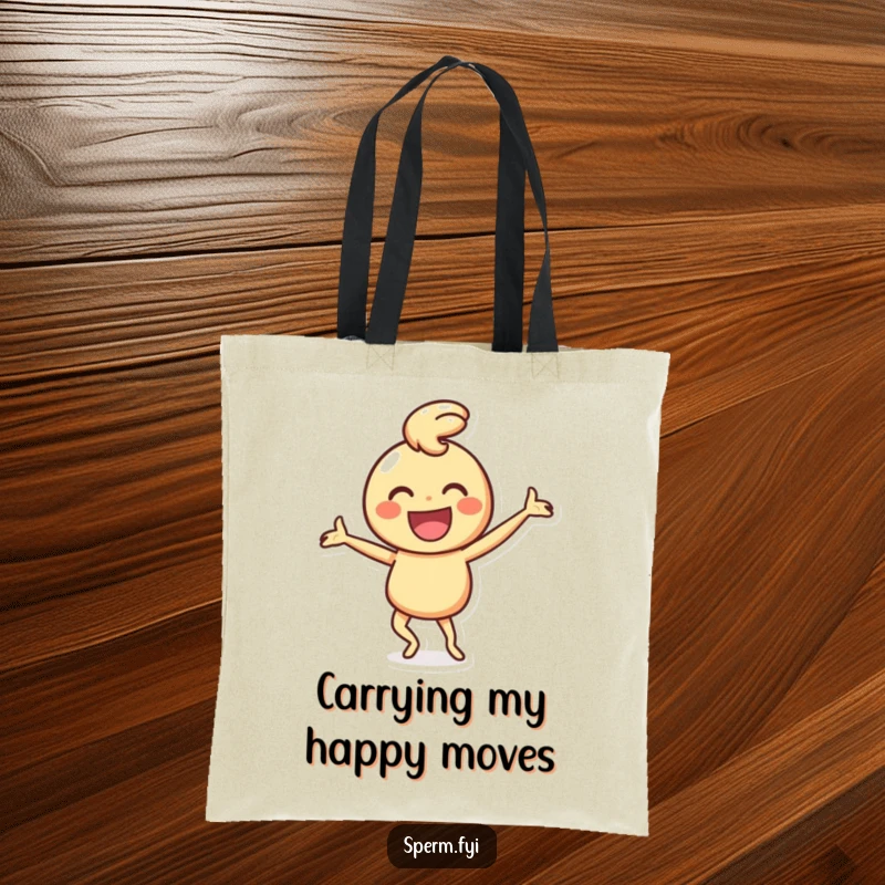 Funny tote bag decorated with a happy smiley face character performing an amusingly silly dance.