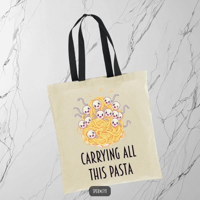 Funny tote bag with sperm characters comically tangled in a large spaghetti noodle, a humorous and practical accessory.
