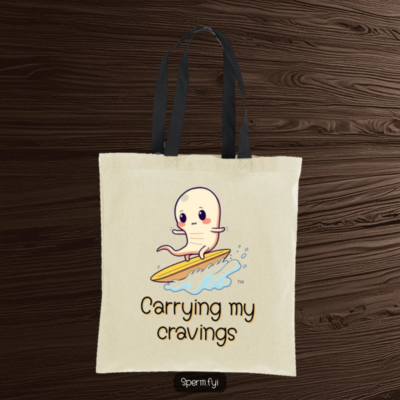 Funny sperm tote bag, a sperm wobbly while surfing a giant potato chip, snack themed.
