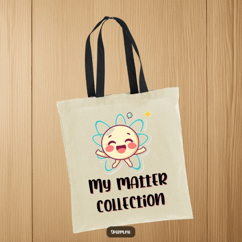 Funny tote bag featuring a joyful little atom character happily spinning, perfect for carrying everyday essentials with energy.