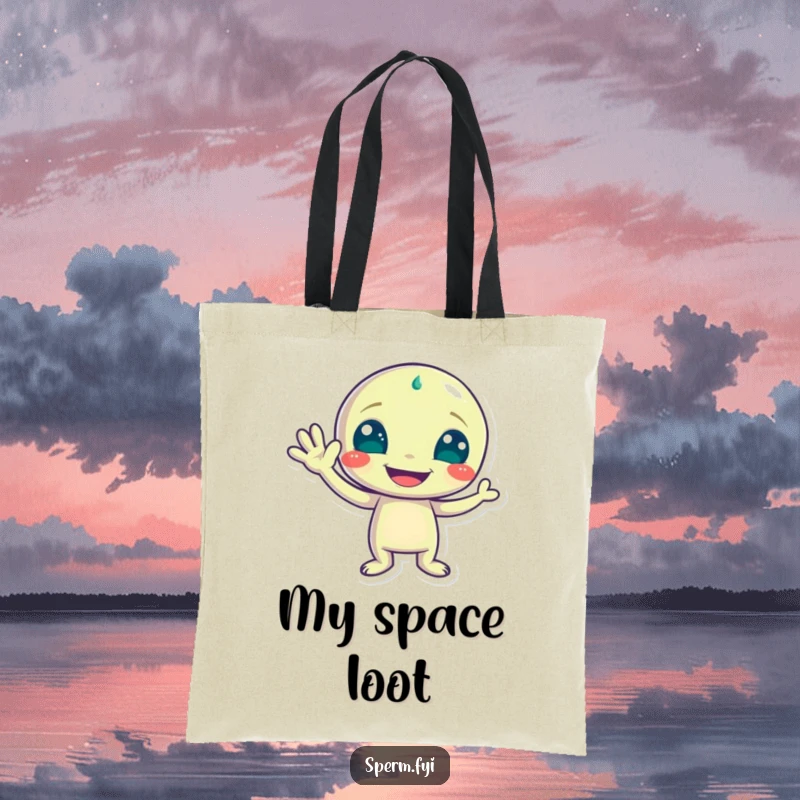 Funny tote bag featuring a playful alien character waving with a wide grin, ready for intergalactic travel or shopping.