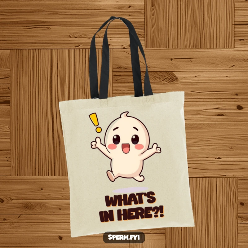 Funny kawaii exclamation point character jumping with surprise and shock in a tote bag.